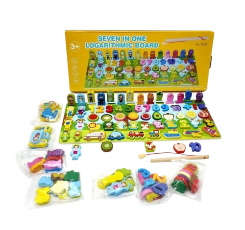 7-in-1 Logarithmic Board Educational Toy for Kids β Montessori Wooden Learning Puzzle with Numbers, Shapes, Colors, Stacking Rings, and Counting Pegs